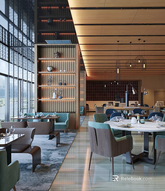 Elegant Modern Restaurant Interior With Large Windows Wooden Ceiling Pendant Lights And Teal Chairs 3d model 