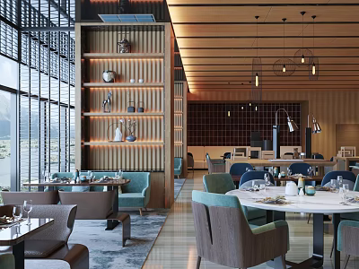 Elegant Modern Restaurant Interior With Large Windows Wooden Ceiling Pendant Lights And Teal Chairs 3d model