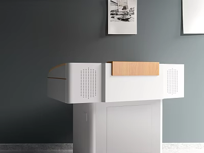 Minimalist White Functional Desk with Wooden Panel and Gray Wall Background 3d model