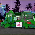 Strawberry Ice Cream Truck With Palm Trees And Neon Lights In Pink Purple Sky