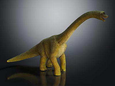 Detailed Yellow Dinosaur Model With Long Neck Textured Body Standing On Black Reflective Surface 3d model