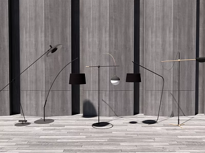 Modern Curved Floor Lamps With Black And Metallic Shades Against Gray Wall And Wooden Floor 3d model
