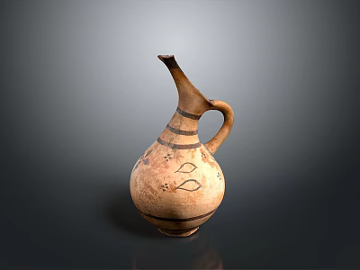 Ancient Hand Carved Terracotta Sculpture Vessel With Long Spout Handle And Patterns 3d model
