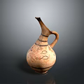 Ancient Hand Carved Terracotta Sculpture Vessel With Long Spout Handle And Patterns