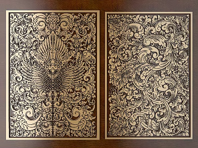 Exquisite Carved Wooden Panel Art With Eagle Motif And Ornate Scroll Patterns 3d model