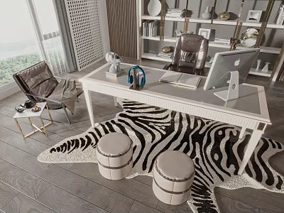 Modern Home Office Desk With Laptop Headphones Zebra Print Rug Chair And Bookshelf 3d model