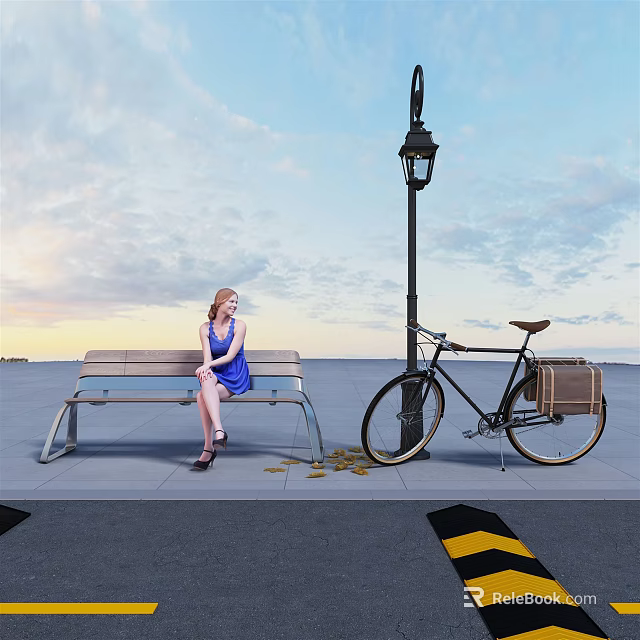 Vintage Bicycle Parked Near Street Lamp With Woman On Bench And Fallen Leaves 3d model 