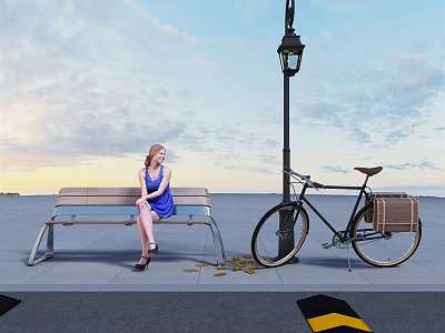 Vintage Bicycle Parked Near Street Lamp With Woman On Bench And Fallen Leaves 3d model