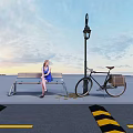 Vintage Bicycle Parked Near Street Lamp With Woman On Bench And Fallen Leaves