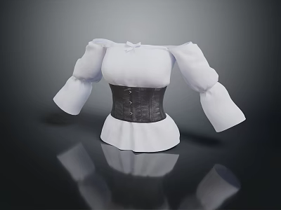 White Off Shoulder Top With Puffed Sleeves And Black Corset Belt 3d model