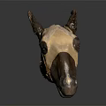 Handmade Animal Skull Sculpture With Leather Material Brown Beige Color Horns And Black Background Reflection