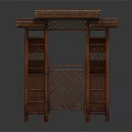 Traditional Bamboo Entrance Gate with Lattice Panels Roofed Top and Side Shelves