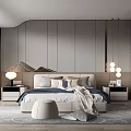 Modern Luxury Bedroom Interior Featuring Gray Walls Bedhead Hanging Lights Nightstands Rug And Window View
