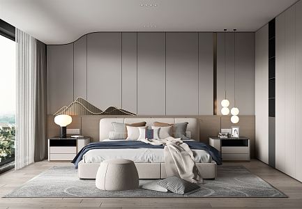 Modern Bedroom Double Bedside Cabinet Chandelier Bed End Stool Wardrobe Curtain 3d model