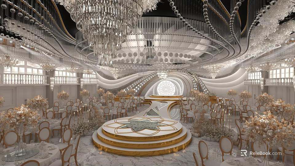 Luxurious Banquet Hall With Crystal Chandeliers Golden Stage White Gold Chairs And Floral Decor 3d model 