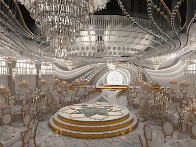 Luxurious Banquet Hall With Crystal Chandeliers Golden Stage White Gold Chairs And Floral Decor 3d model