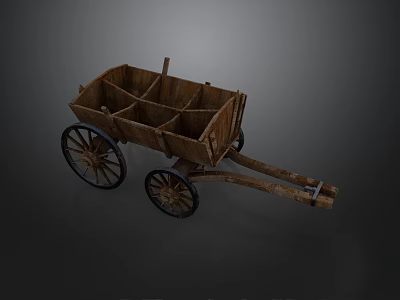 Vintage Wooden Farm Cart With Spoked Wheels And Divided Storage Compartments 3d model