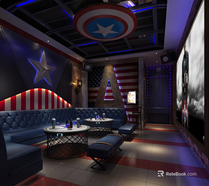 KTV Room Interior Design With American Flag Theme Star Decor Blue Sofa Round Tables And Lighting 3d model 