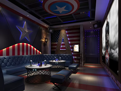 KTV Room Interior Design With American Flag Theme Star Decor Blue Sofa Round Tables And Lighting 3d model