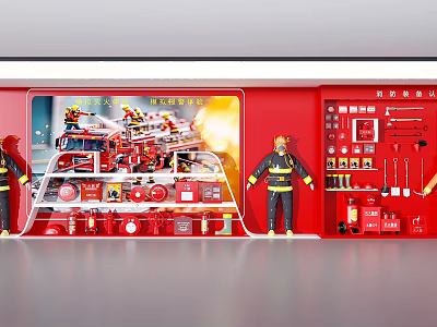 Fire Equipment Exhibition With Firefighter Figurines Extinguishers And Tools 3d model