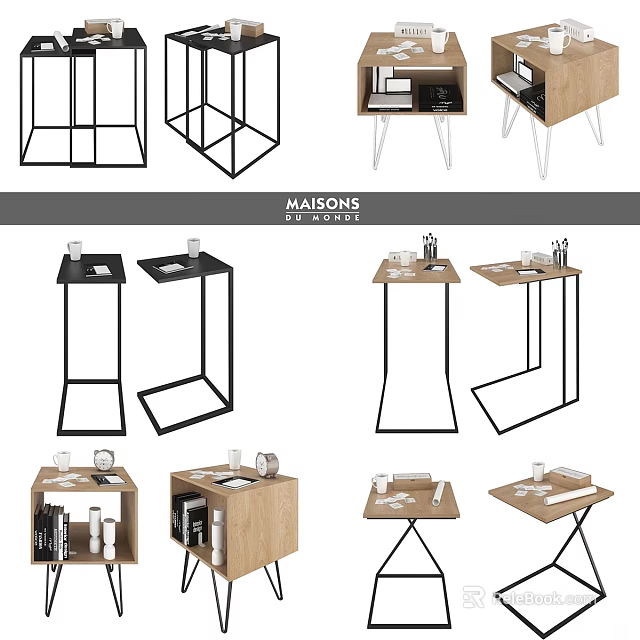 Stylish Side Dining Tables In Various Designs With Metal Frames And Wooden Tops 3d model 
