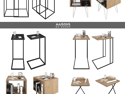 Stylish Side Dining Tables In Various Designs With Metal Frames And Wooden Tops 3d model