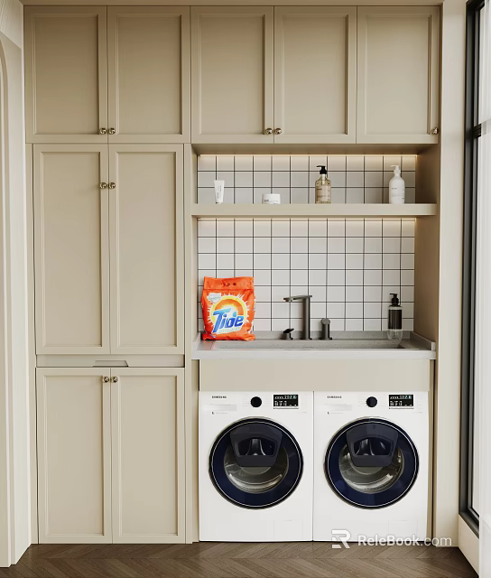 Modern Laundry Room With Dual Washing Machines Cabinets Tile Backsplash And Tide Detergent 3d model 