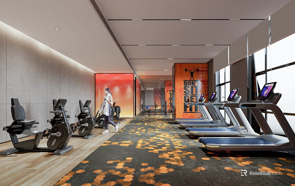 Modern Fitness Gym Interior With Treadmills Exercise Bikes And Workout Space 3d model 