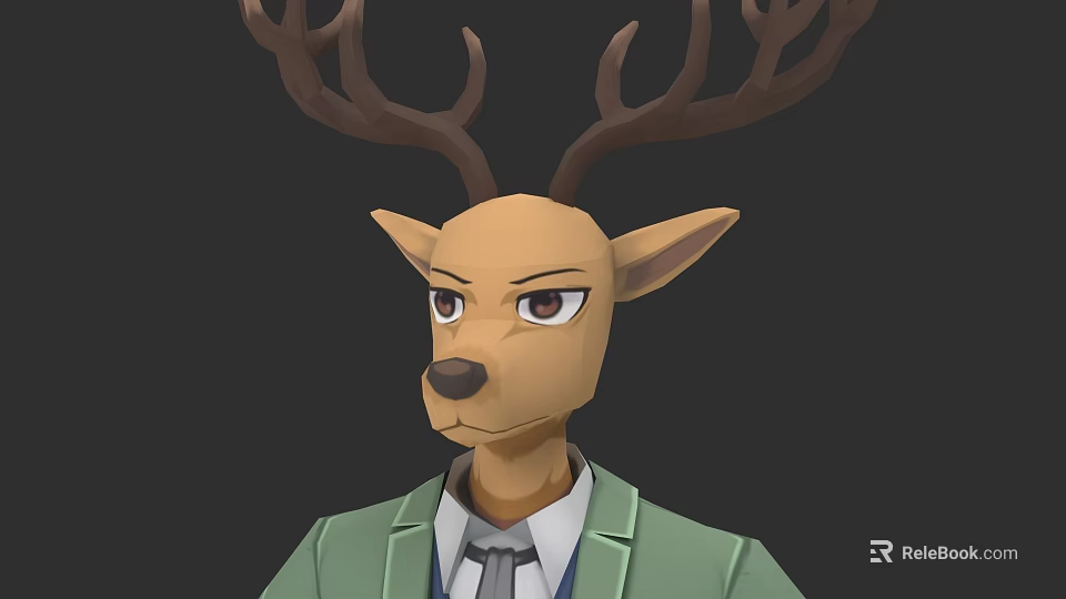 Deer Head Human Body Game Movie Character in Green Coat White Shirt and Tie 3d model 