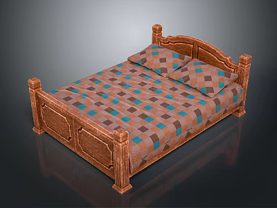 Classic Wooden Bed With Carved Frame And Checkered Bedspread And Pillows 3d model