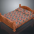 Classic Wooden Bed With Carved Frame And Checkered Bedspread And Pillows