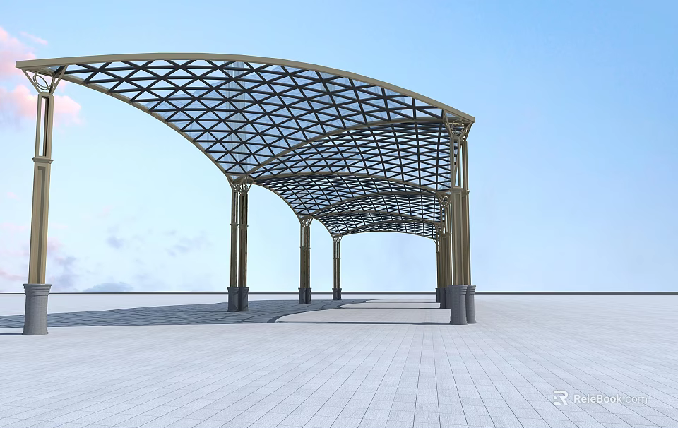 Modern Metal Frame Canopy with Grid Patterned Top and Pillar Support for Outdoor Open Area 3d model