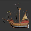 Ancient Wooden Sailing Ship As Water Transport With Multiple Sails And Decorative Flags