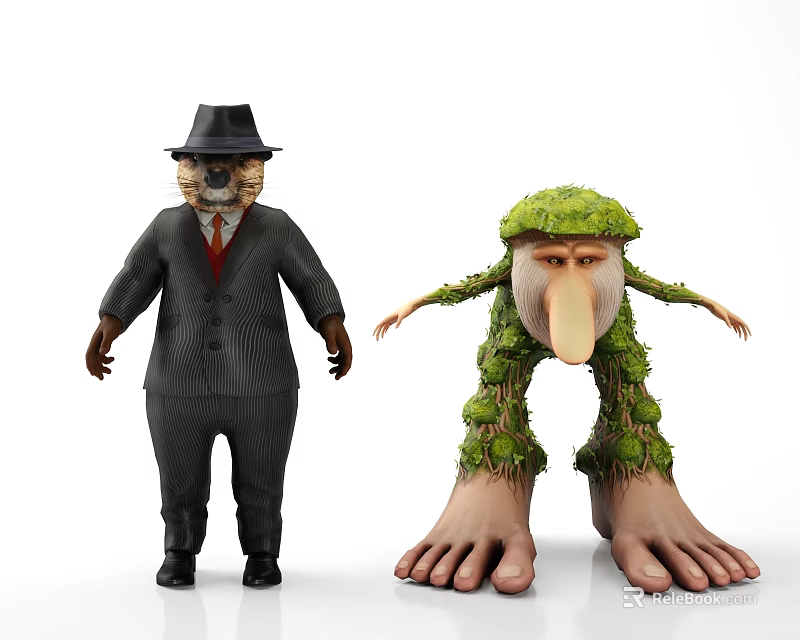Game and Movie Characters Bear in Suit With Hat Red Tie and Plant Covered Creature 3d model 