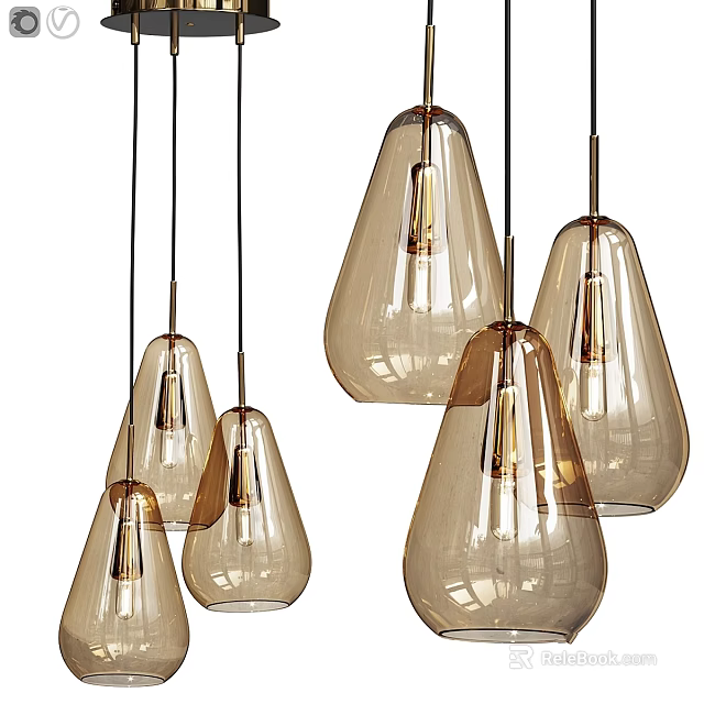 Modern Glass Pendant Lights with Amber Teardrop Shades and Brass Hanging Fixtures 3d model 