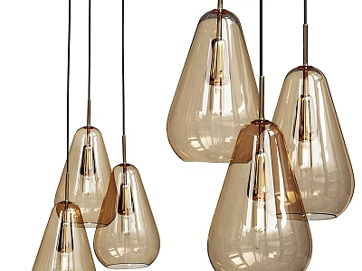 Modern Glass Pendant Lights with Amber Teardrop Shades and Brass Hanging Fixtures 3d model