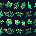 Various Green Leaf Illustrations With Different Shapes On Dark Background 3d model