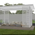 White Pergola With Lattice Design In Outdoor Relaxation Area With Lawn And Sofa