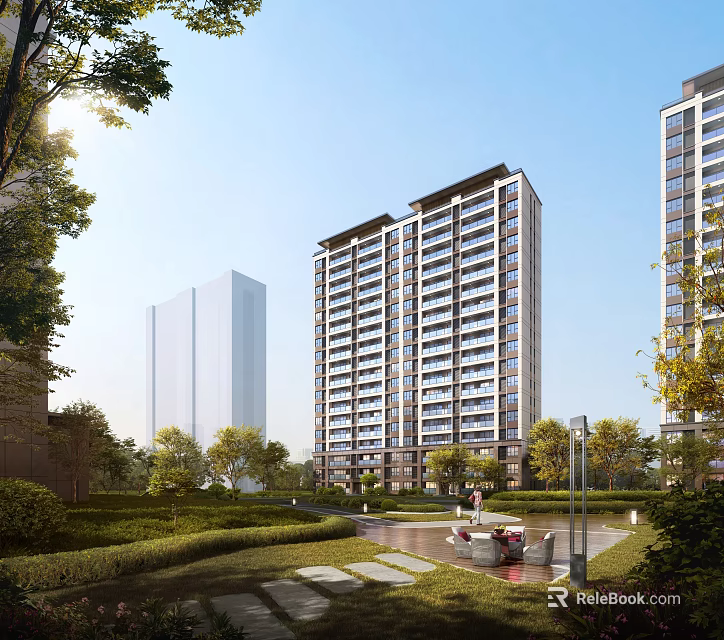 Modern High Rise Residential Building With Landscaped Gardens Trees And Pedestrian Paths 3d model 