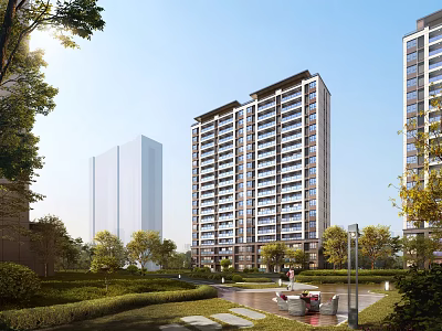 Modern High Rise Residential Building With Landscaped Gardens Trees And Pedestrian Paths 3d model