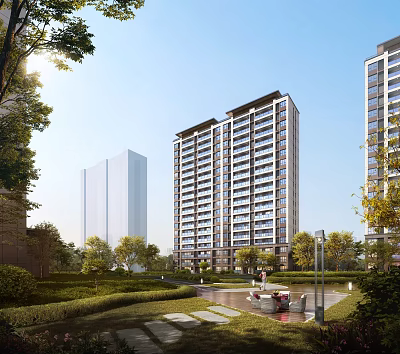 Modern High Rise Residential Building With Landscaped Gardens Trees And Pedestrian Paths 3d model