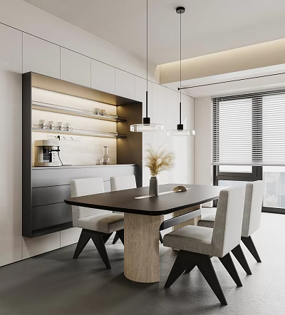 Modern Restaurant Dining Area With White Cabinets Hanging Pendant Lights Wooden Table And Window Blinds 3d model