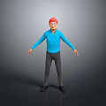 Man Wearing Red Hat Blue Shirt And Gray Pants With Arms Outstretched On Gray Background