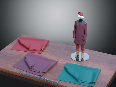 Mannequin Wearing Purple Coat Red Pants Brown Boots Red Christmas Hat With Fabrics On Table 3d model