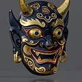 Intricate Black And Gold Traditional Mask Featuring Horns Large Eyes Fangs And Earrings