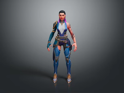 Fantasy Female Warrior Character In Blue And Purple Armored Outfit With Decorative Patterns 3d model