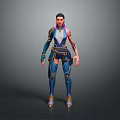 Fantasy Female Warrior Character In Blue And Purple Armored Outfit With Decorative Patterns