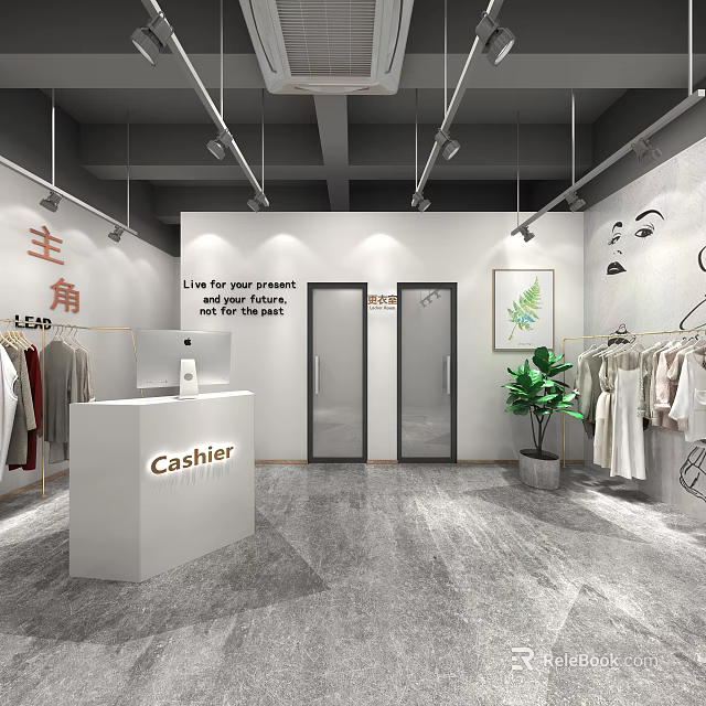 Modern Clothing Store Interior With Cashier Counter Clothes Racks Green Plant And Glass Doors 3d model 