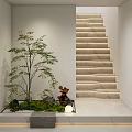 Basement Interior Design With Staircase Green Plants Decorative Sculpture Marble Floor And Lighting