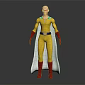 Bald Superhero Character In Yellow Costume With Red Gloves And White Cape